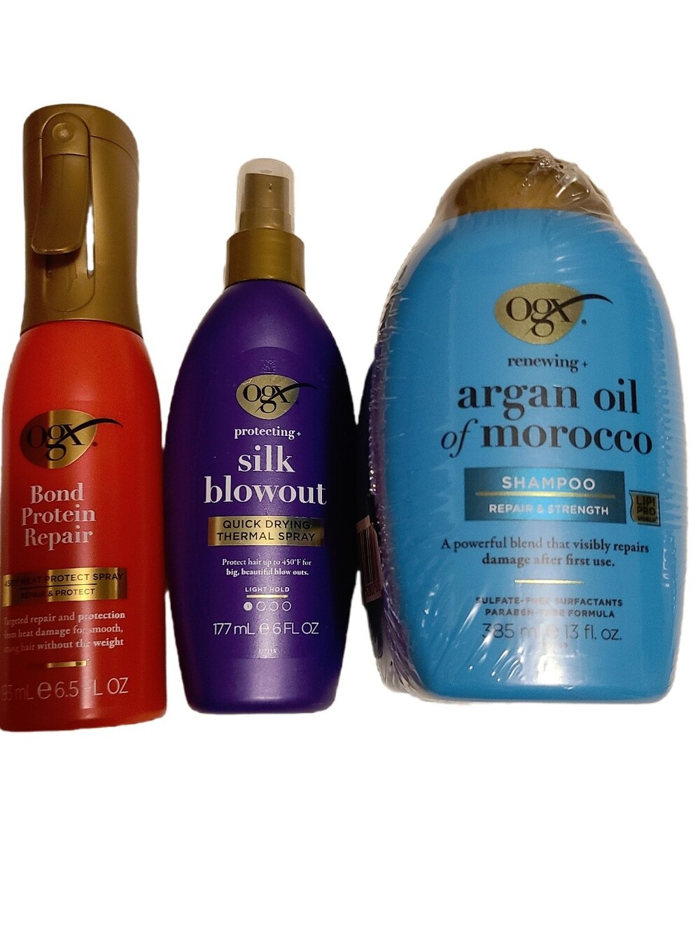 OGX Hair Care Bundle Argan Oil Shampoo Conditioner Bond Repair Silk Blowout NEW